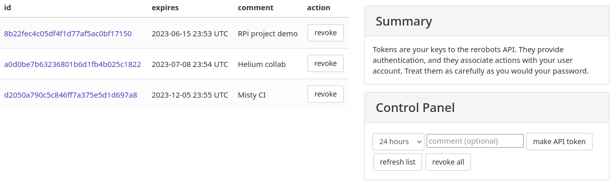 screenshot of the main section of the API tokens page